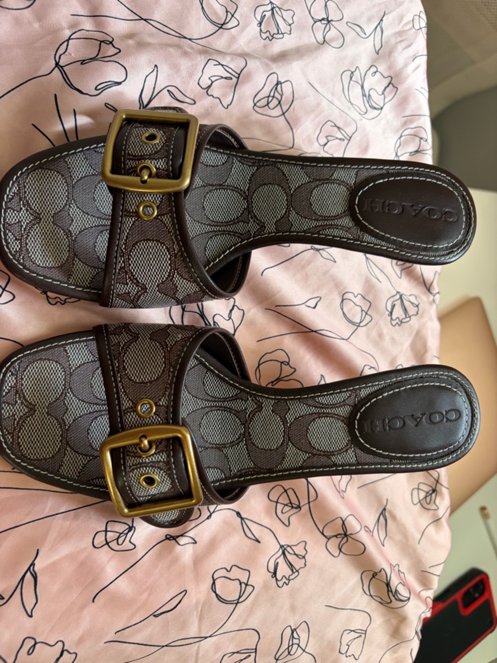 Coach Brown Logo-Print Heeled Slide with Gold Buckle - Picture 2 of 9